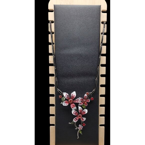 Floral Vining Choker Necklace 16" Gunmetal Chain Red & Silver Rhinestone Flowers - Picture 1 of 16